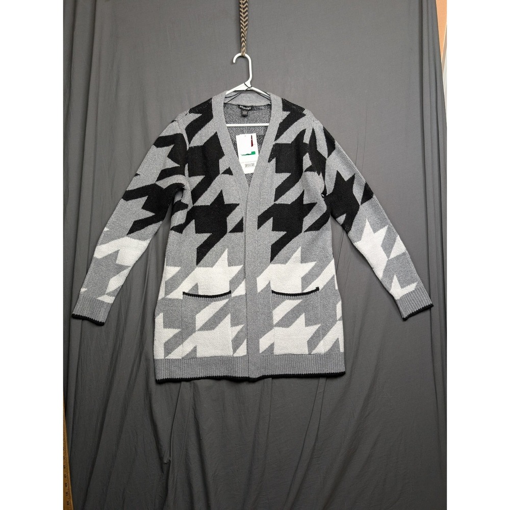 By Design Women's Cardigan Sweater Grey Black White Open‎ Front L